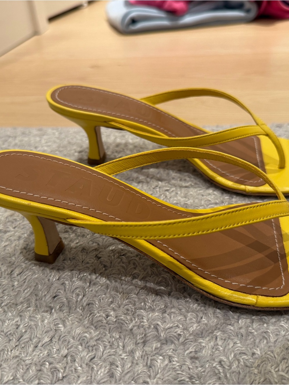 STAUD Bright Yellow Leather Strappy Square-Toe Heels - Picture 2 of 4